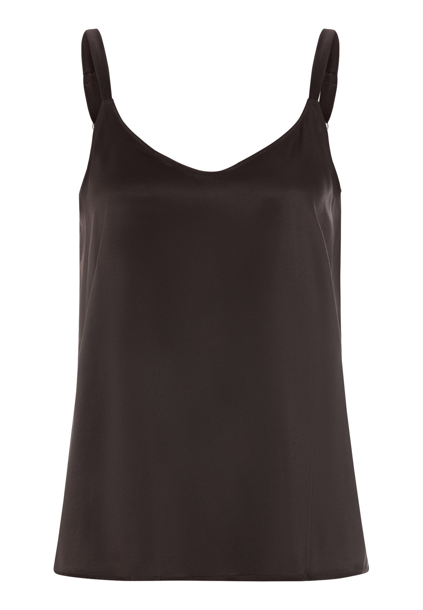 Front cutout view of HA dark mocha silk Spaghetti Top