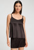 Front view of a women model wearing HA dark mocha silk Spaghetti Top