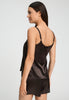 Back view of a women model wearing HA dark mocha silk Spaghetti Top