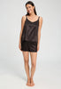 Full-body view of a women model wearing HA dark mocha silk Spaghetti Top