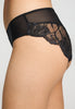Close-up view of a women model wearing HA black microfibre Midi Briefs