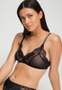 Close-up view of a women model wearing HA black microfibre Soft Cup Bra