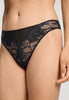 Close-up view of a women model wearing HA black microfibre Thong