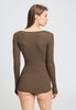 Back view of a women model wearing HA natural teak wool L/SLV Shirt