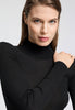 Close-up view of a women model wearing HA phantom wool Turtle-Neck Shirt
