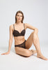 Full-body view of a women model wearing HA dark mocha microfibre Mini Briefs