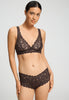 Front view of a women model wearing HA dark mocha microfibre Soft Cup Bra