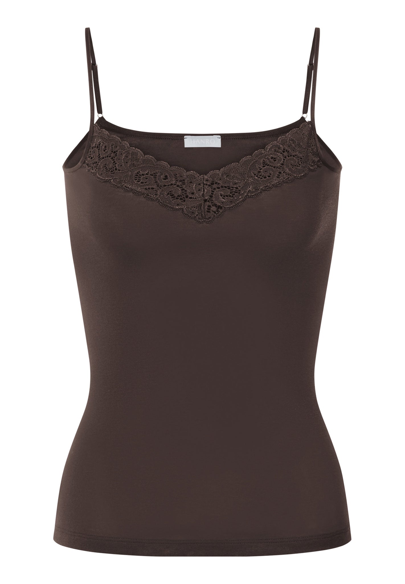 Front cutout view of HA dark mocha cotton Spaghetti Top