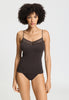 Front view of a women model wearing HA dark mocha cotton Spaghetti Top