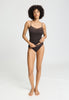 Full-body view of a women model wearing HA dark mocha cotton Spaghetti Top
