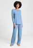 Full-body view of a women model wearing HA bluebird melange modal/viscose/tencel L/SLV Shirt