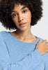 Close-up view of a women model wearing HA bluebird melange modal/viscose/tencel L/SLV Shirt