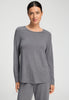 Front view of a women model wearing HA stone melange modal/viscose/tencel L/SLV Shirt
