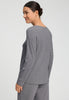 Back view of a women model wearing HA stone melange modal/viscose/tencel L/SLV Shirt