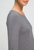 Close-up view of a women model wearing HA stone melange modal/viscose/tencel L/SLV Shirt