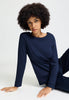 Full-body view of a women model wearing HA deep navy cotton L/SLV Pajama