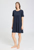 Full-body view of a women model wearing HA deep navy cotton S/SLV Nightdress 95cm