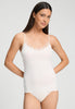 Front view of a women model wearing HA off white cotton Spaghetti Top