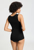 Back view of a women model wearing HA black cotton Tank Top
