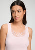 Close-up view of a women model wearing HA rose bath cotton Tank Top