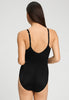 Back view of a women model wearing HA black microfibre Soft Bra Bodysuit