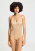 Front view of a women model wearing HA beige microfibre Soft Bra Bodysuit