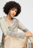 Close-up view of a women model wearing HA serene systems modal/viscose/tencel L/SLV Shirt