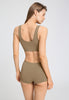 Back view of a women model wearing HA suede camel microfibre Crop Top