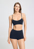 Front view of a women model wearing HA deep navy microfibre Crop Top