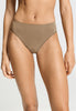 Front view of a women model wearing HA suede camel microfibre Midi Briefs