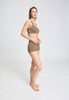 Full-body view of a women model wearing HA suede camel microfibre Panty