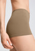 Close-up view of a women model wearing HA suede camel microfibre Panty