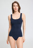 Front view of a women model wearing HA deep navy microfibre Tank Top