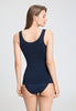 Back view of a women model wearing HA deep navy microfibre Tank Top
