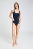 Full-body view of a women model wearing HA deep navy microfibre Tank Top