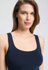 Close-up view of a women model wearing HA deep navy microfibre Tank Top