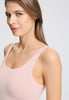 Close-up view of a women model wearing HA rosewater microfibre Tank Top
