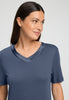 Close-up view of a women model wearing HA vintage indigo cotton S/SLV Nightdress 100cm