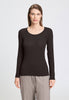 Front view of a women model wearing HA dark mocha modal/viscose/tencel L/SLV Shirt