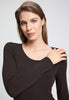Close-up view of a women model wearing HA dark mocha modal/viscose/tencel L/SLV Shirt