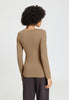 Back view of a women model wearing HA suede camel modal/viscose/tencel L/SLV Shirt