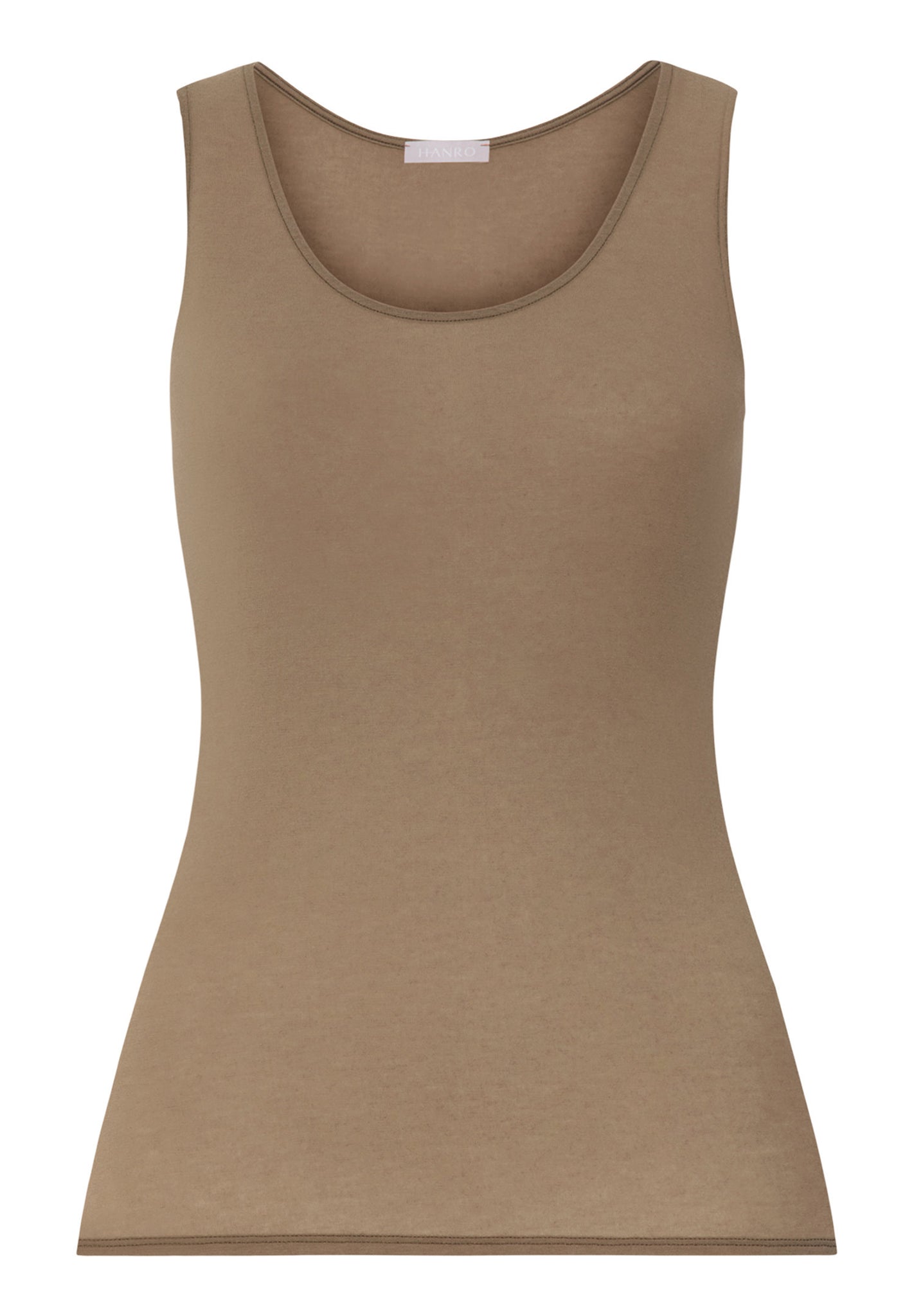 Front cutout view of HA suede camel modal/viscose/tencel Tank Top