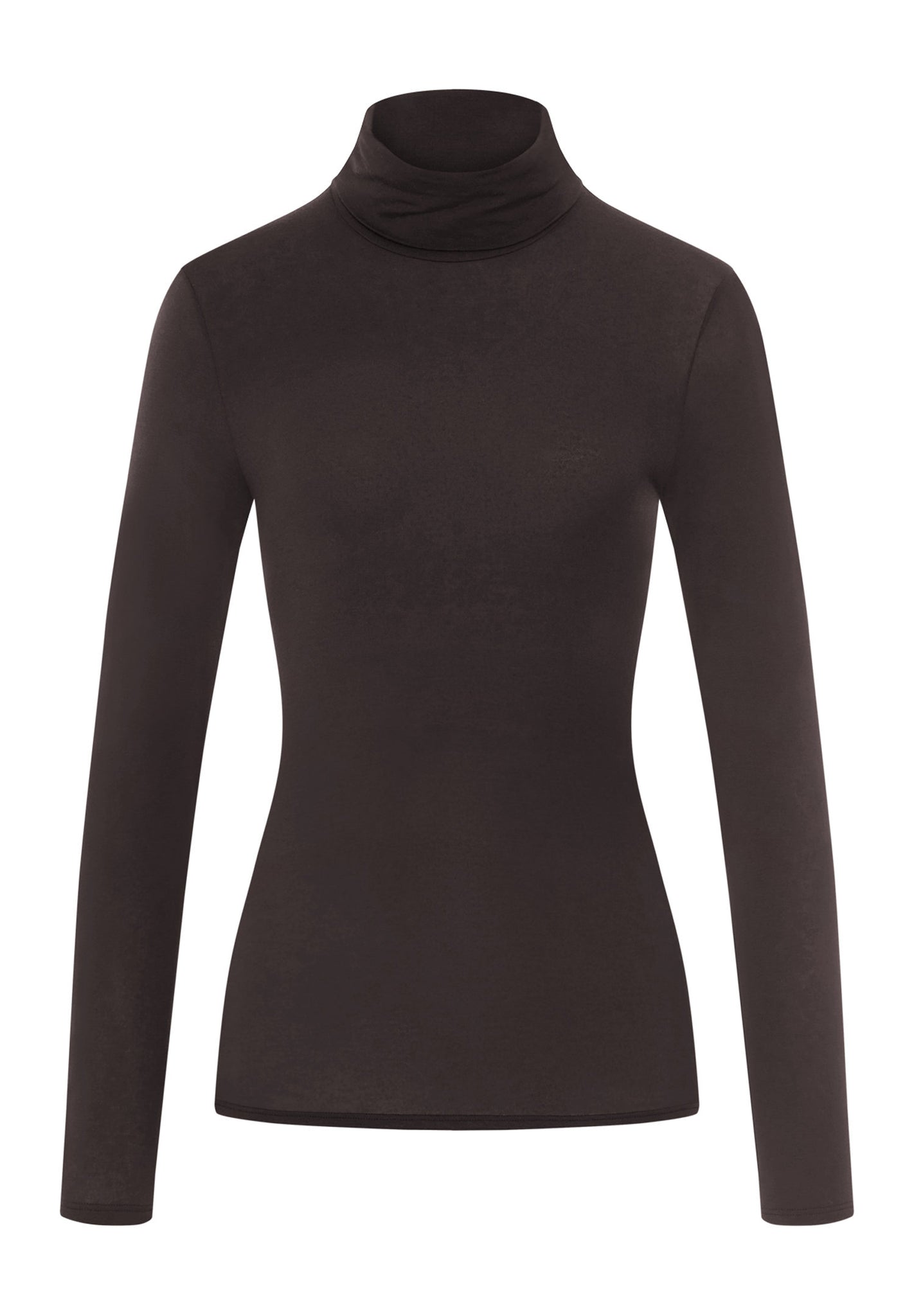 Front cutout view of HA dark mocha modal/viscose/tencel Turtle-Neck Shirt