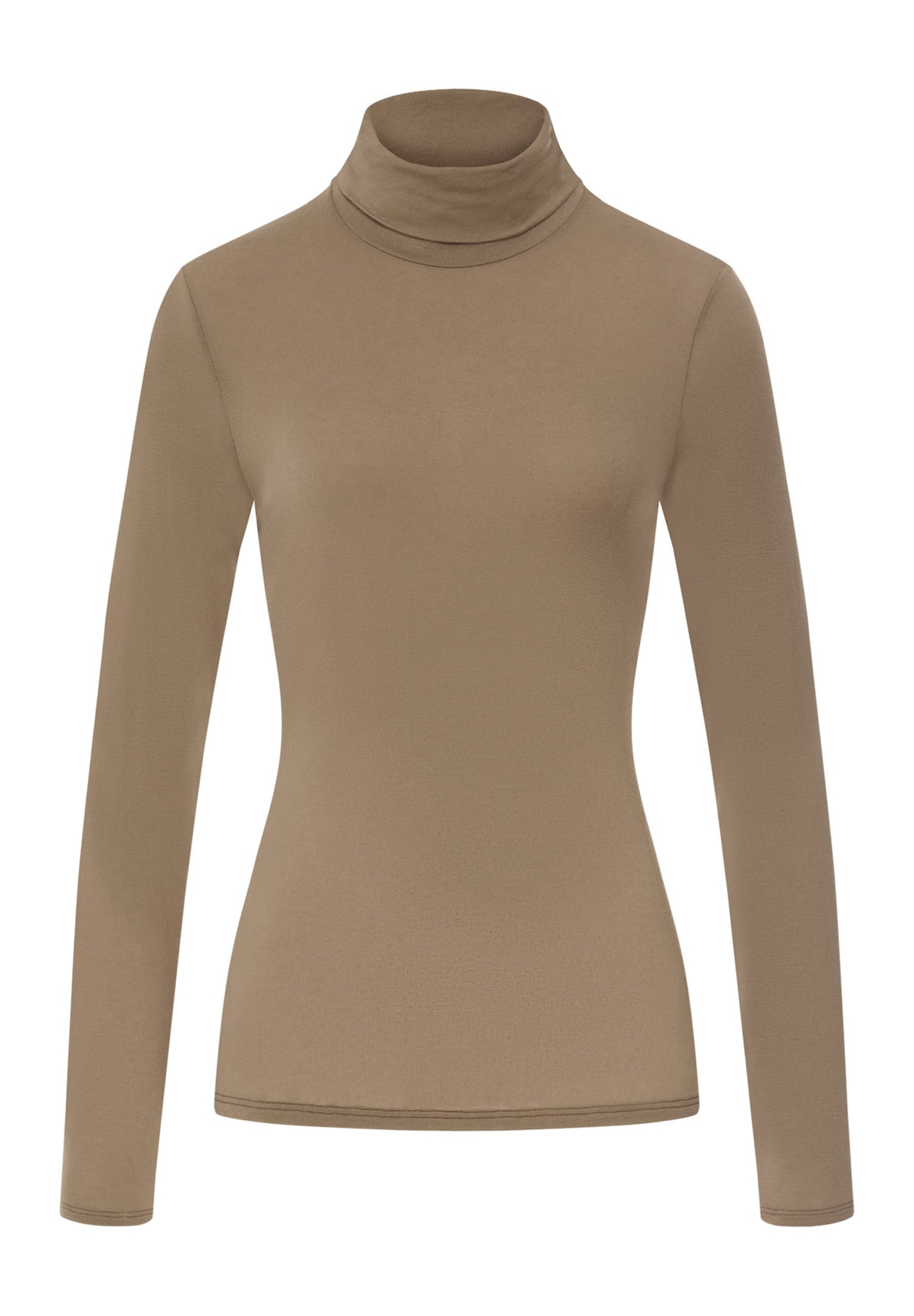 Front cutout view of HA suede camel modal/viscose/tencel Turtle-Neck Shirt