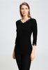 Front view of a women model wearing HA black wool 3/4 SLV Shirt