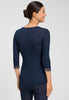 Back view of a women model wearing HA deep navy wool 3/4 SLV Shirt