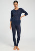 Full-body view of a women model wearing HA deep navy wool 3/4 SLV Shirt