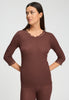 Front view of a women model wearing HA cinnamon wool 3/4 SLV Shirt
