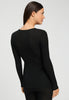 Back view of a women model wearing HA black wool L/SLV Shirt