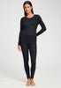 Full-body view of a women model wearing HA black wool L/SLV Shirt